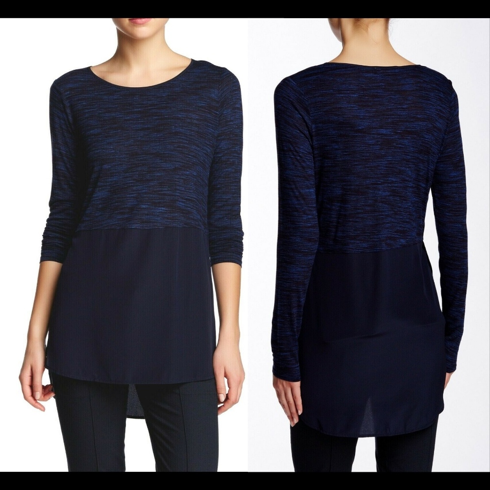 NEW $225 Vince Long Sleeve‎ Silk Combo Tunic in Coastal Blue [SZ large ]